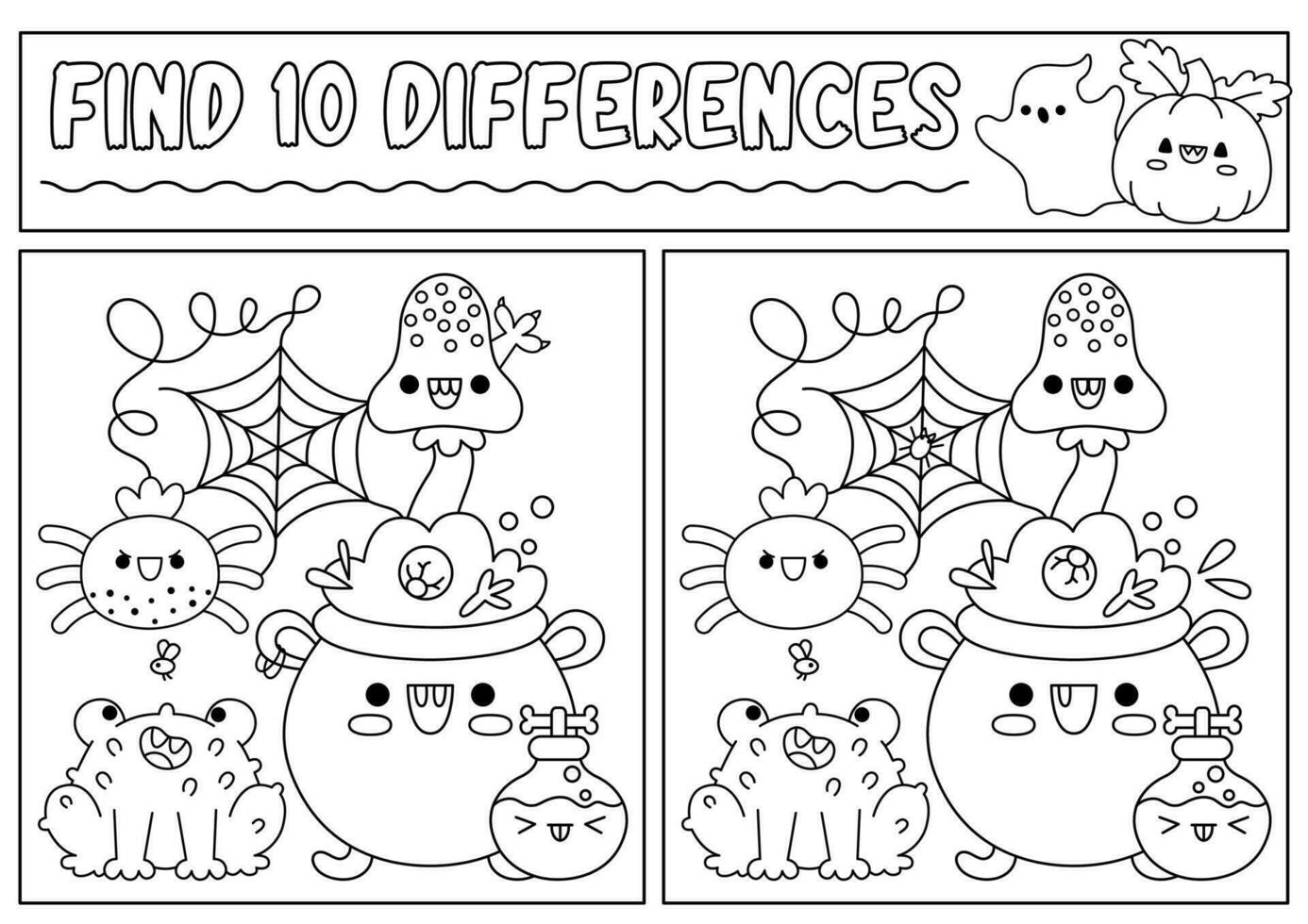 Halloween black and white find differences game for children. Attention skills line activity with cauldron, frog, potion. Puzzle for kids or coloring page. Printable what is different worksheet vector