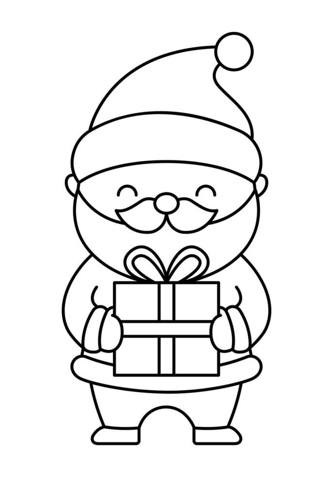 vector negro y blanco kawaii Papa Noel claus con presente. linda padre escarcha ilustración aislado en blanco. Navidad, invierno o nuevo año personaje con regalo. gracioso línea icono o colorante página