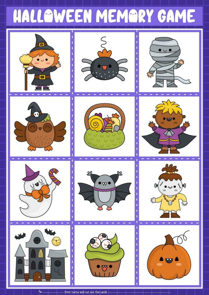 Vector Halloween kawaii memory game cards with cute traditional holiday symbols. Samhain party matching activity. Remember and find correct card. Simple printable worksheet for kids
