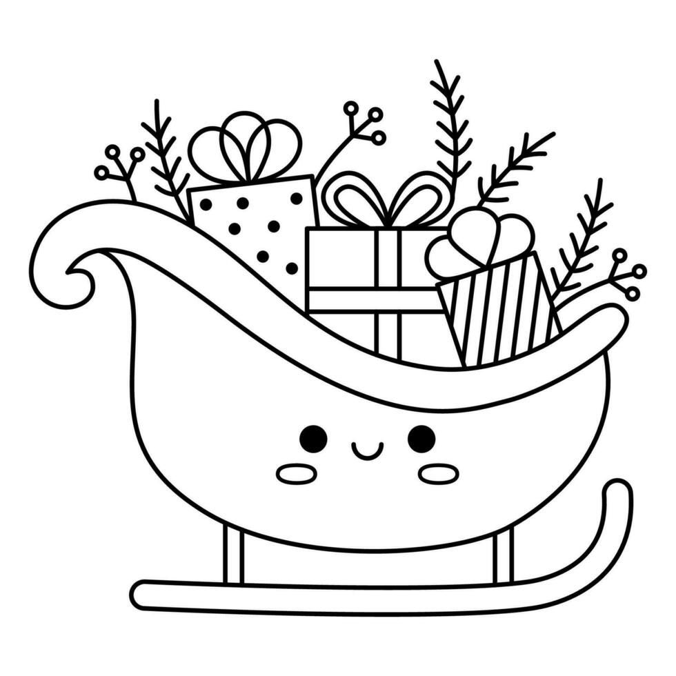 Vector black and white kawaii sledge with Christmas presents, twigs. Cute winter sleigh illustration isolated on white. New Year smiling sled with gifts. Funny line icon, coloring page