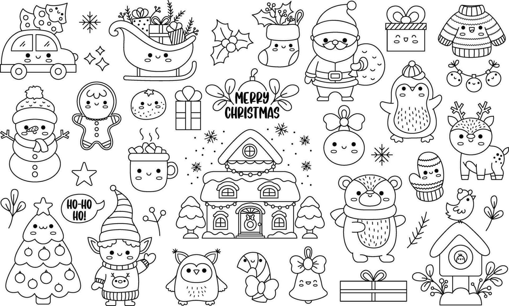 Vector black and white set of Christmas elements with Santa Claus, reindeer, animals, elf, stocking, fir tree, house with ornament. Cute kawaii line illustration for kids.  New year coloring page