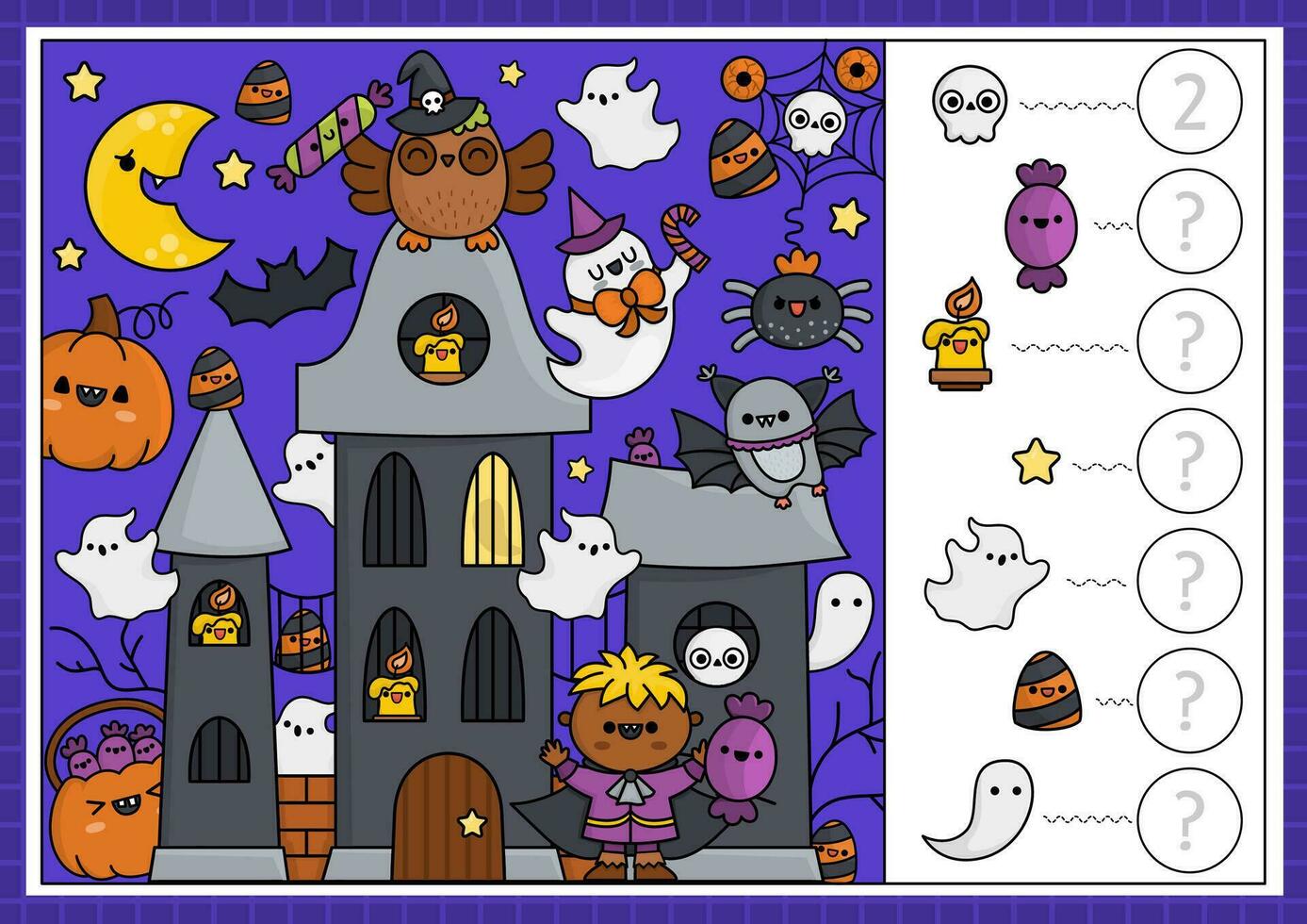 Vector Halloween searching game with haunted house and kawaii characters. Spot hidden objects, say how many. Simple autumn holiday seek and find counting page or printable activity