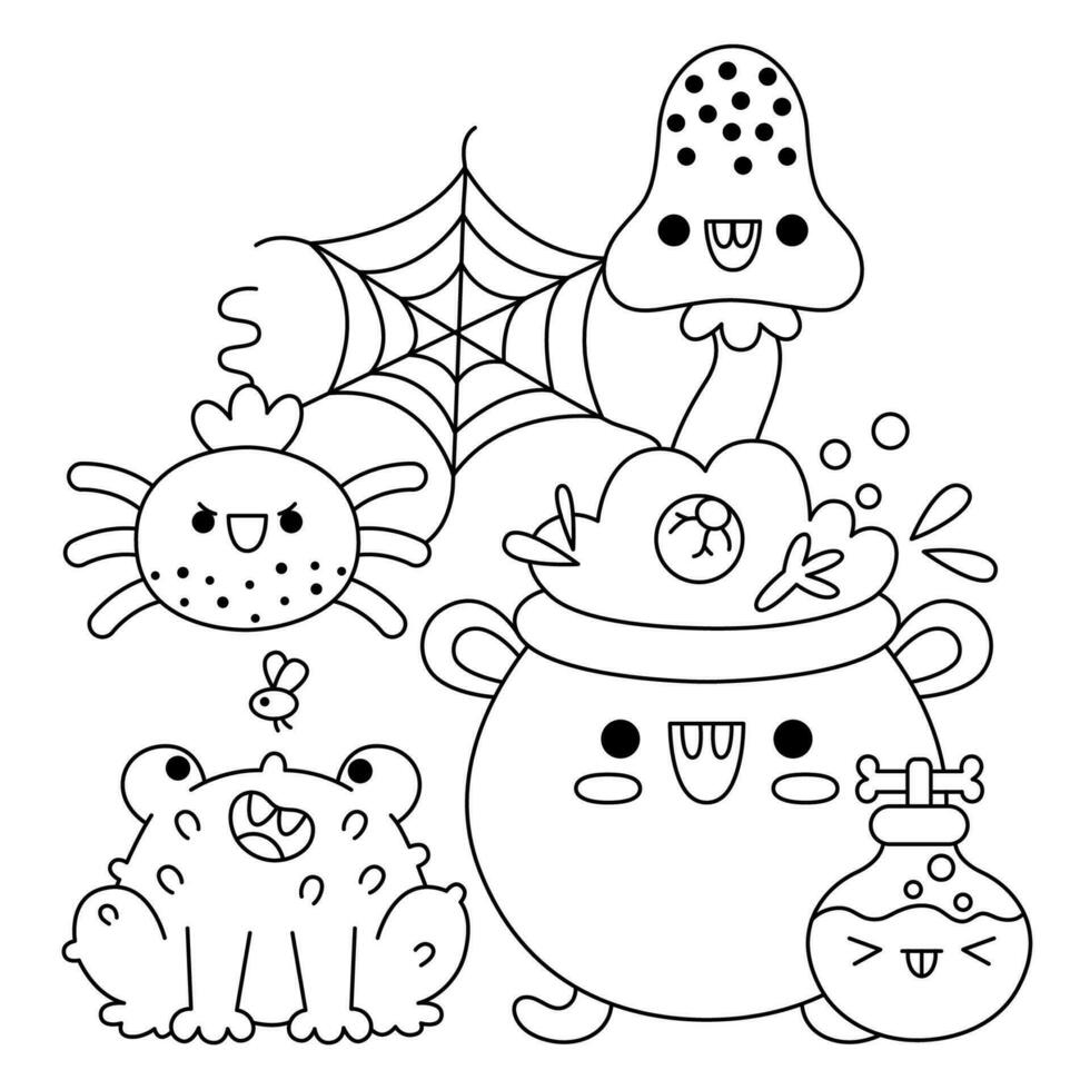 Vector black and white kawaii cauldron with frog, potion, mushroom, spider. Cute Halloween line scene. All saints day illustration. Funny trick or treat party coloring page for kids