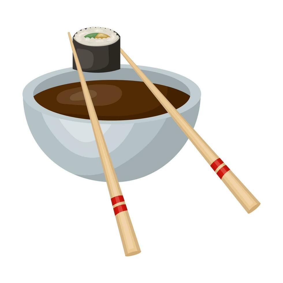 soy sauce in a bowl, sushi sticks. vector illustration.