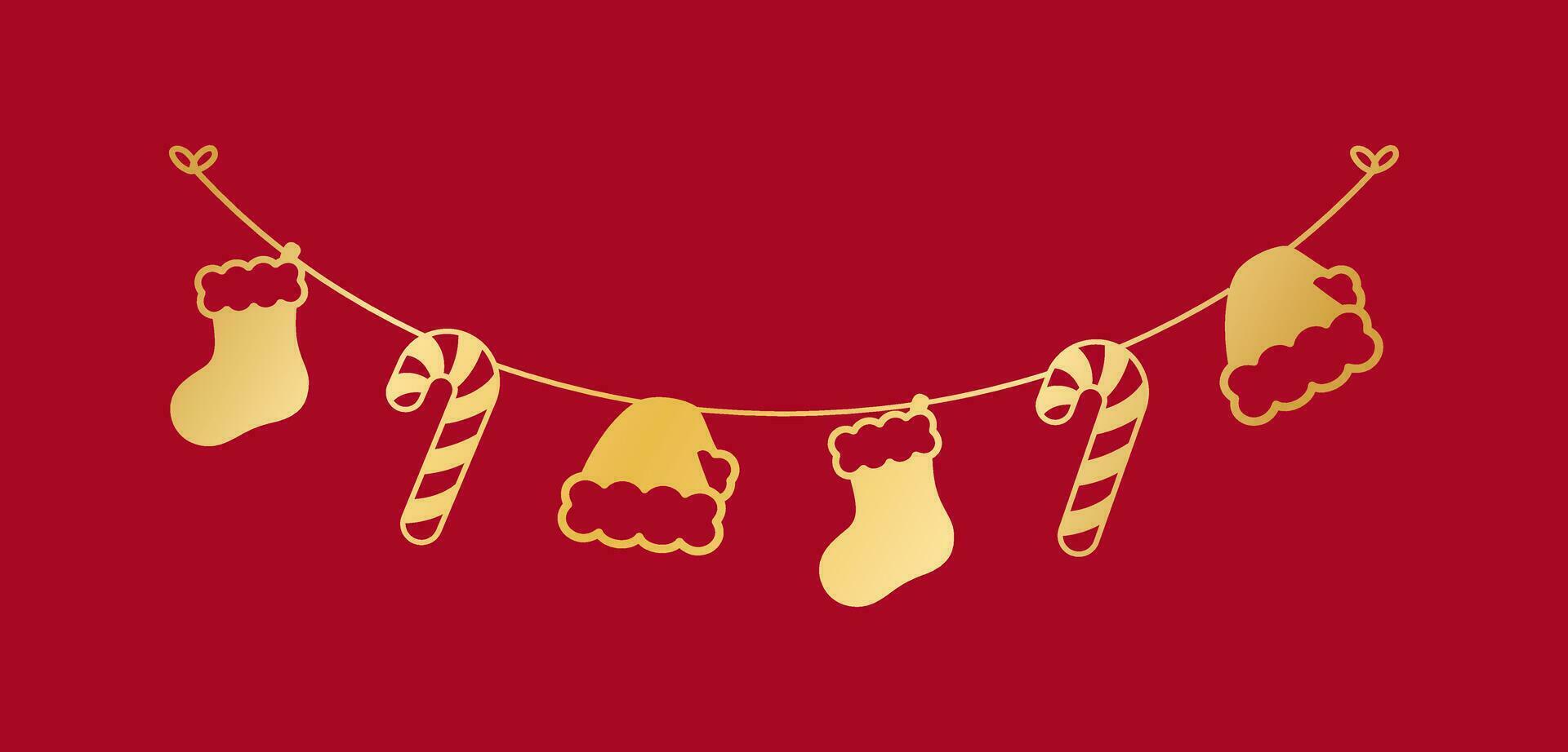 Gold Christmas Stocking and Candy Cane Garland Silhouette Vector Illustration, Christmas Graphics Festive Winter Holiday Season Bunting