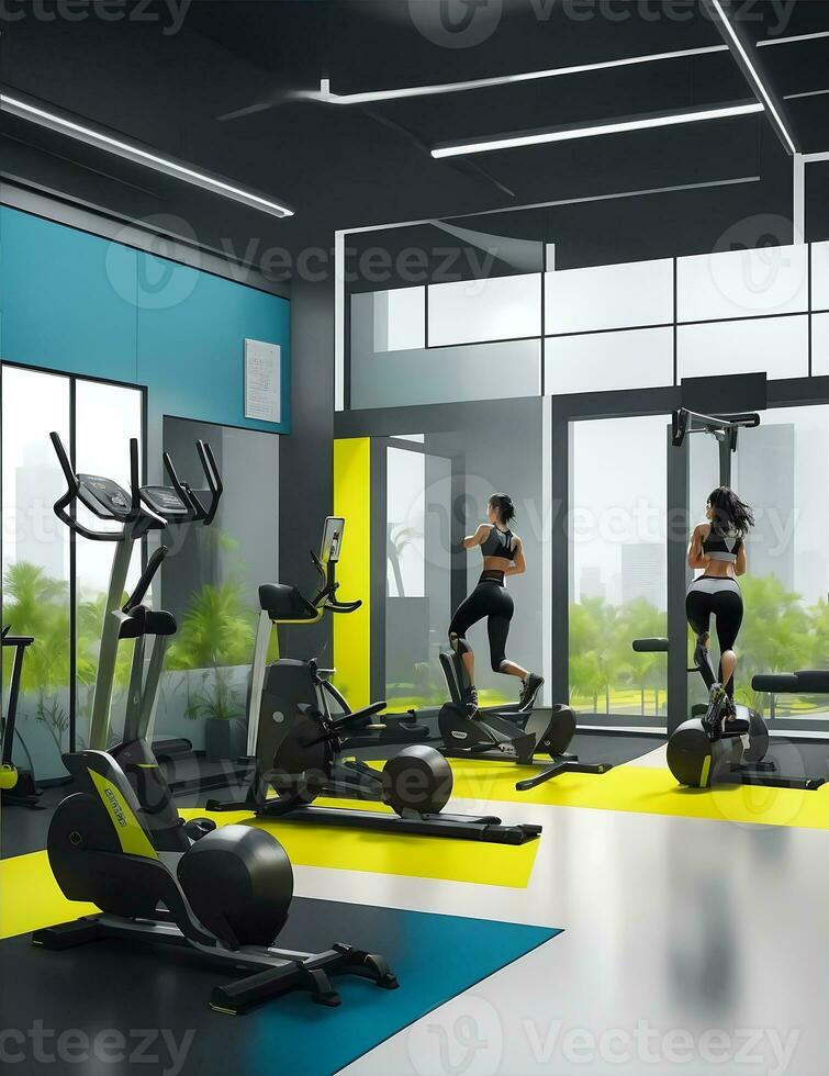 moderno gimnasio interior con varios equipo por ai generado foto