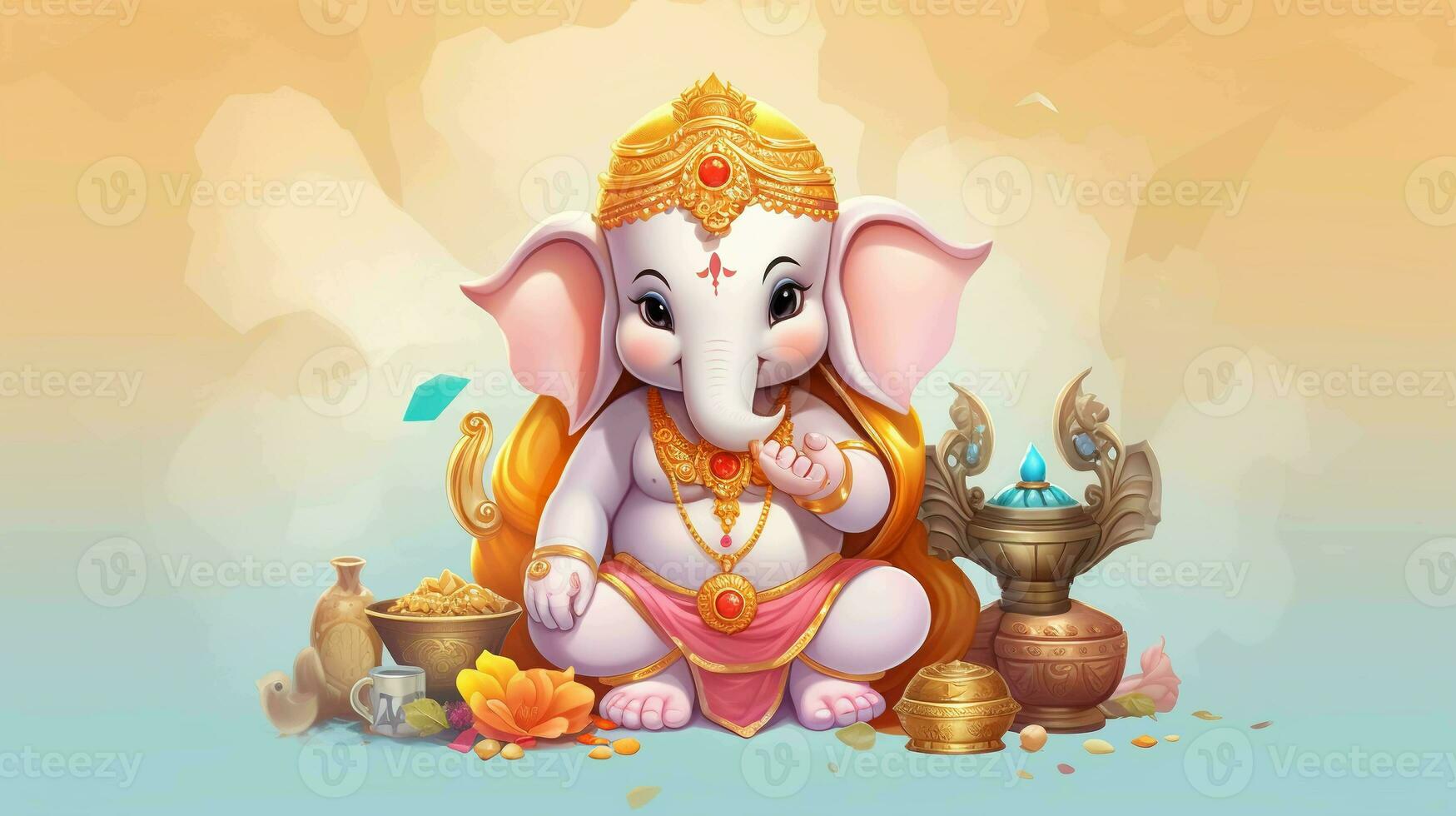 Cute Cartoon Lord Ganesha. Adorned with Charming Ornaments and Exuding Divine Cuteness photo