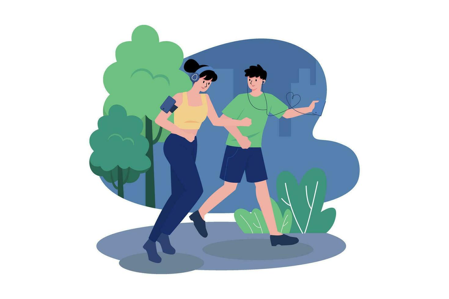 Couple Listening To The Podcast While Jogging In The Park vector