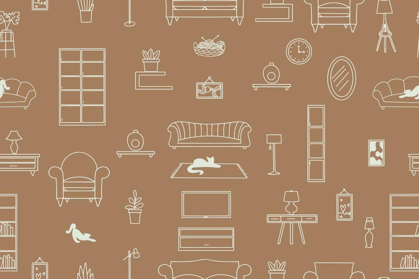 Seamless pattern of furniture, lamps, interior items. Modern vector illustration for banner, web page, print media.