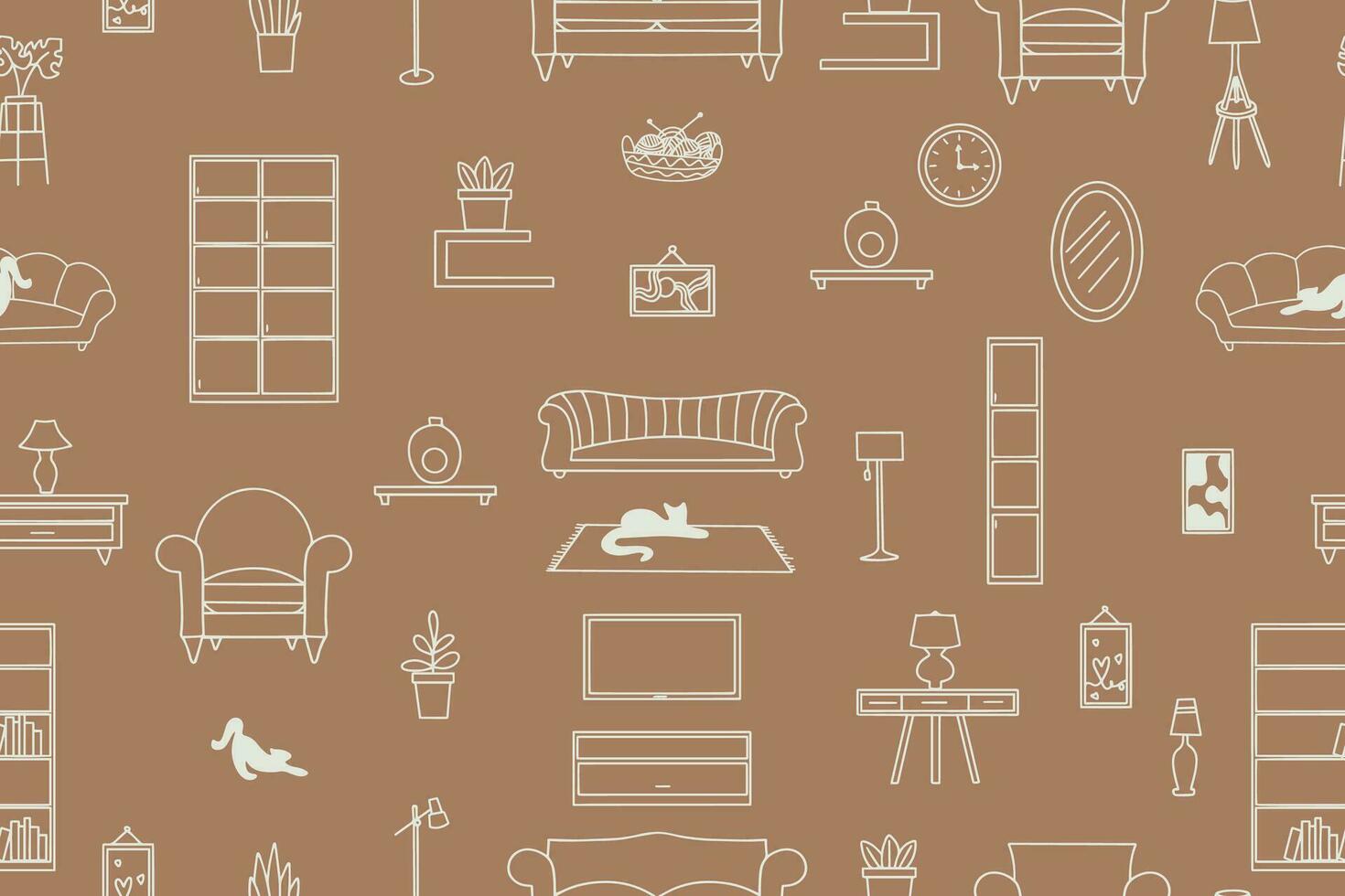 Seamless pattern of furniture, lamps, interior items. Modern vector illustration for banner, web page, print media.