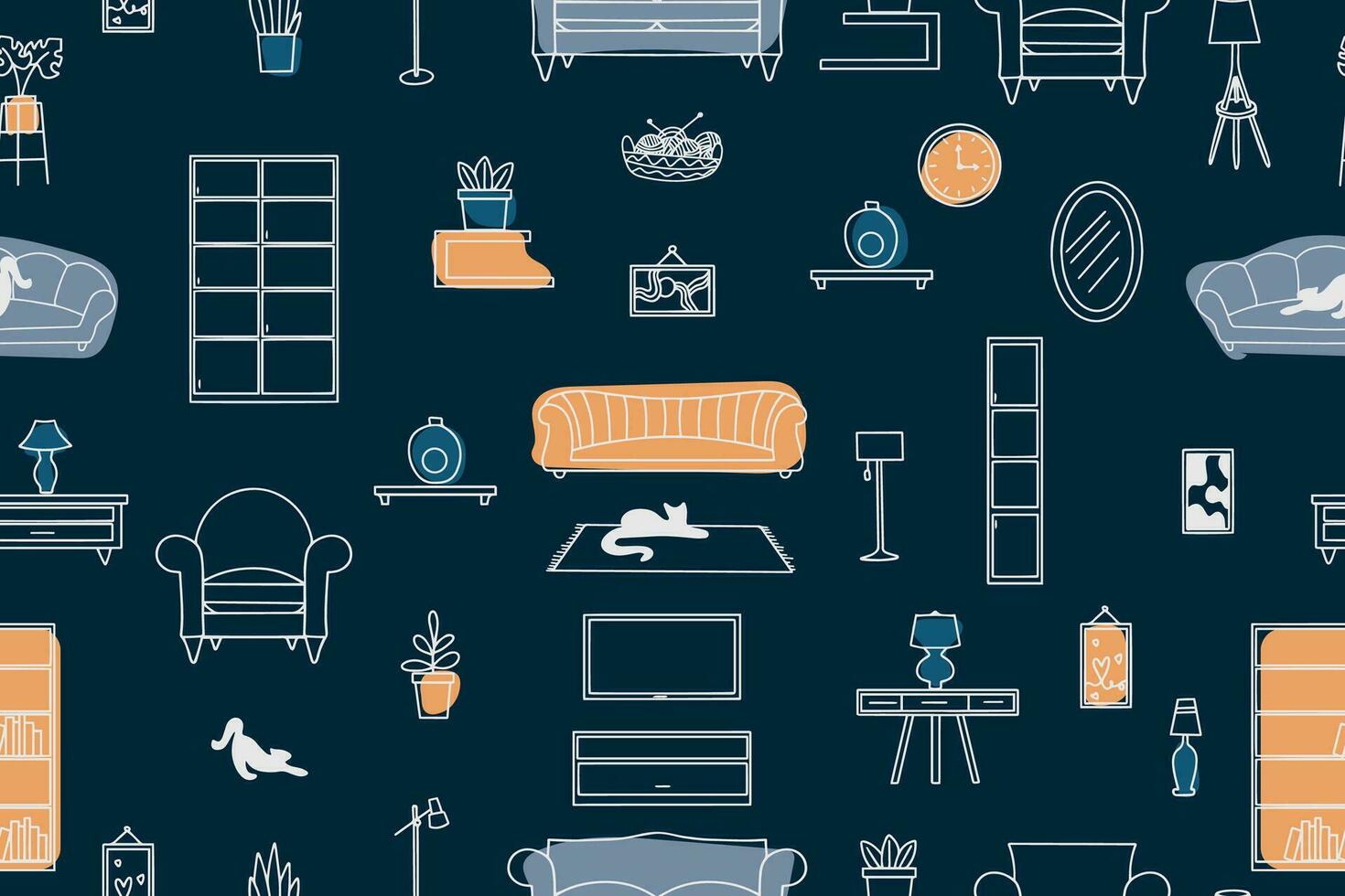 Seamless pattern of furniture, lamps, interior items. Modern vector illustration for banner, web page, print media.