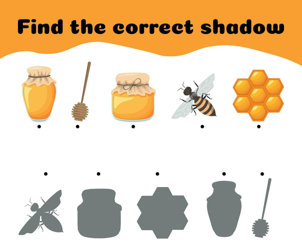 Find the correct shadows of beekeeping elements. Children's educational game. Vector illustration