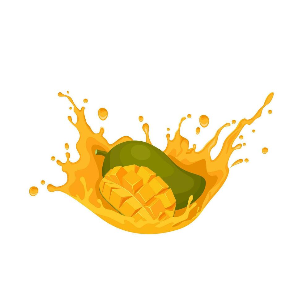 Vector illustration, ripe mango fruit with splashes of juice, isolated on white background.