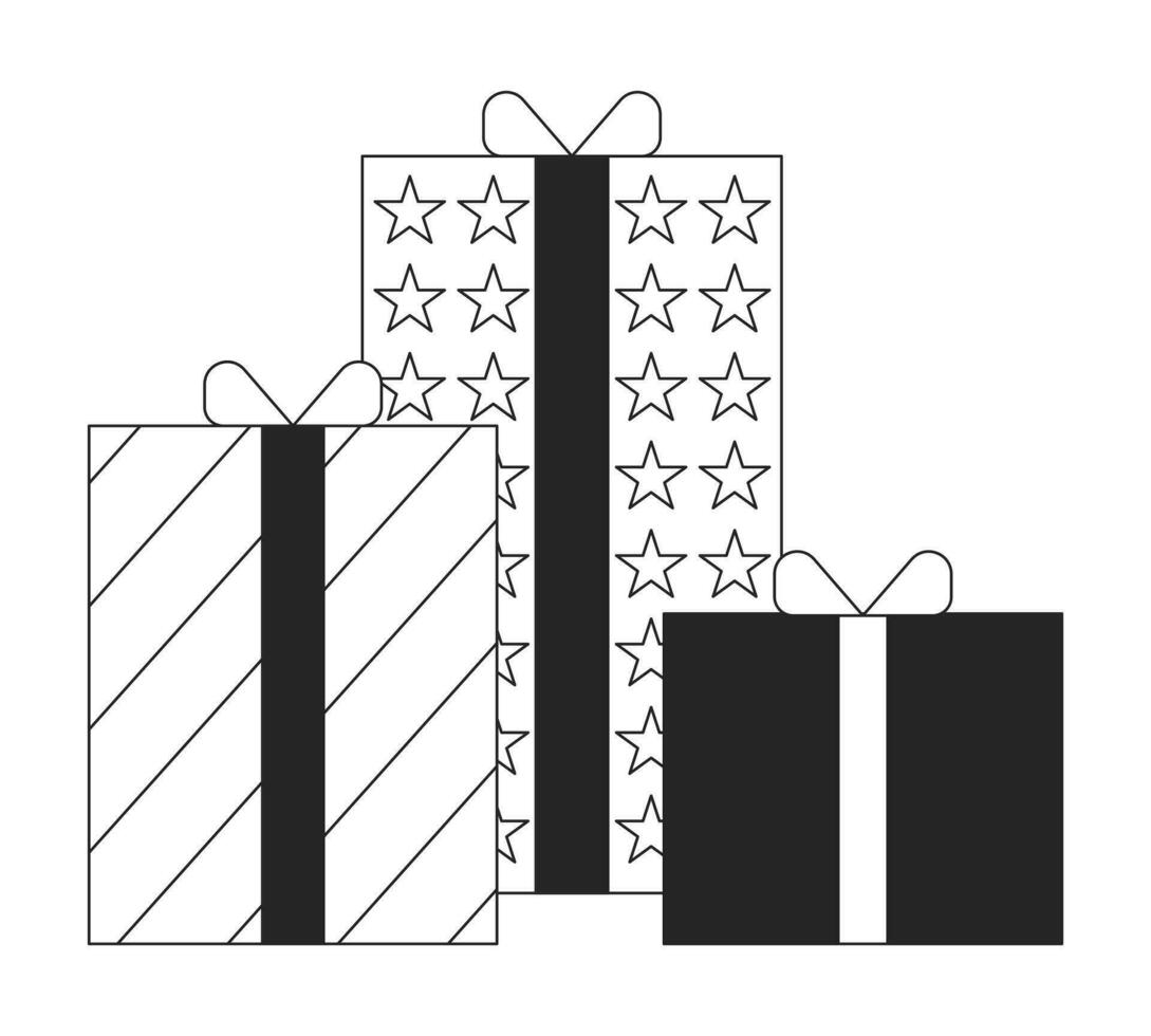 Birthday bonus gift boxes black and white 2D line cartoon object. Black Friday holiday deals isolated vector outline item. Promotional awards. Presents Christmas monochromatic flat spot illustration