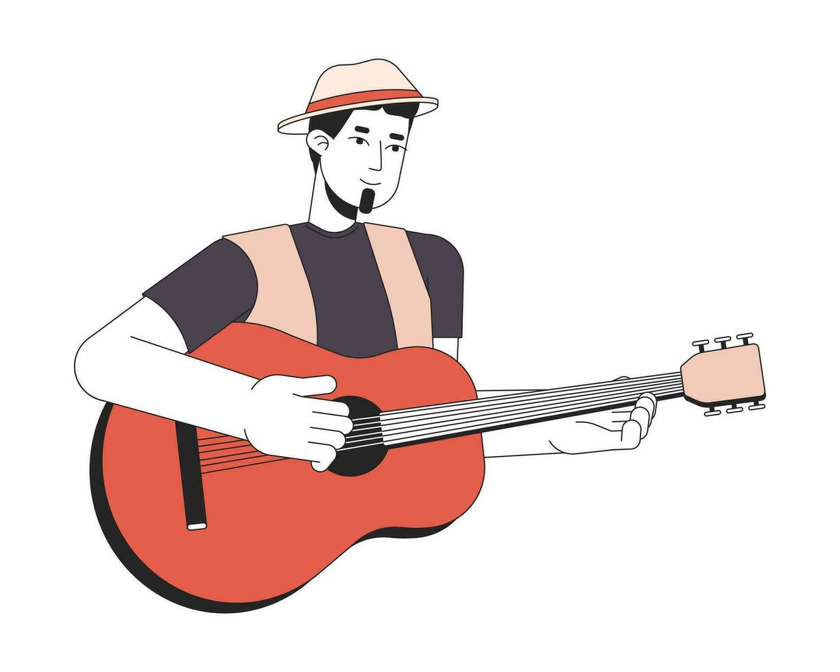 Musician playing acoustic guitar 2D linear cartoon character. Caucasian guy holding instrument isolated line vector person white background. Guitarist live performance color flat spot illustration