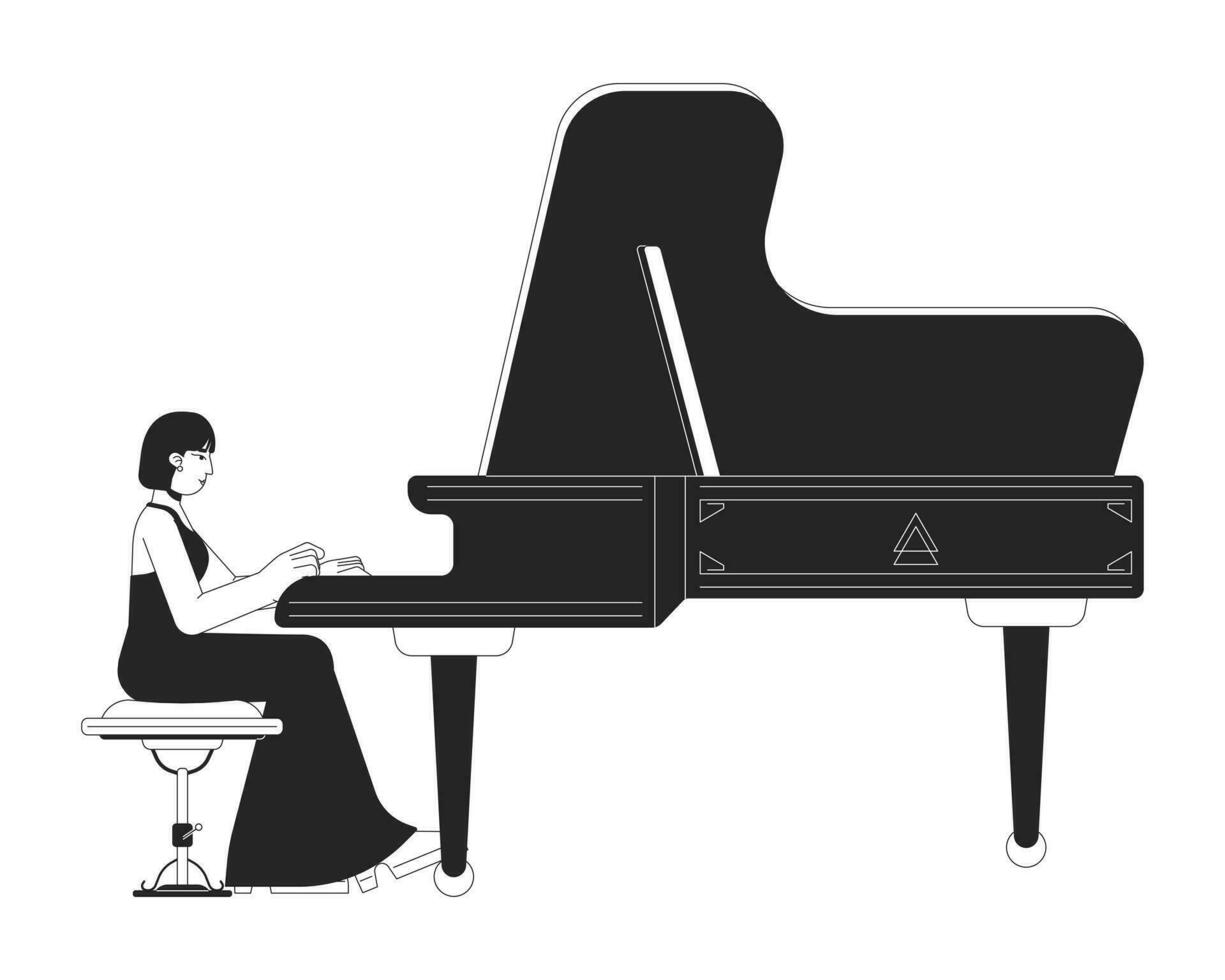 Grand piano player female black and white cartoon flat illustration. Asian adult woman pianist in recital dress 2D lineart character isolated. Classical musician monochrome scene vector outline image