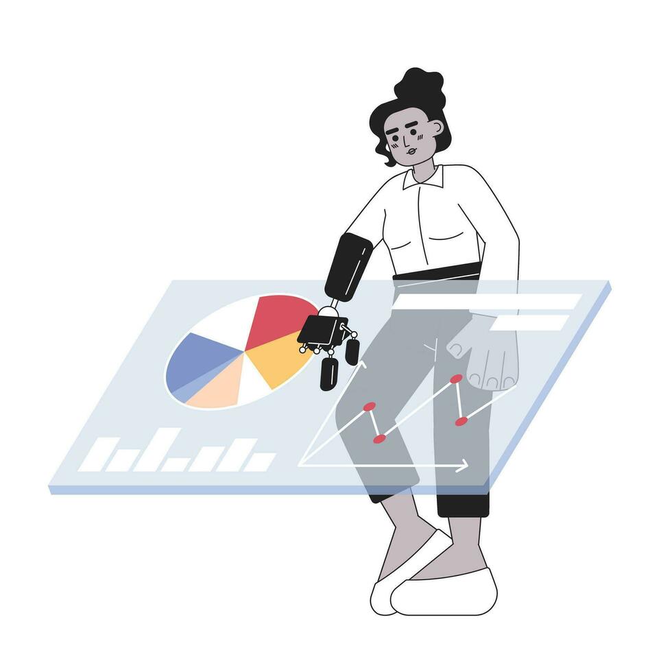 Prosthetic arm black woman touching analytics dashboard black and white 2D cartoon character. Female prosthesis isolated vector outline person. Market research monochromatic flat spot illustration