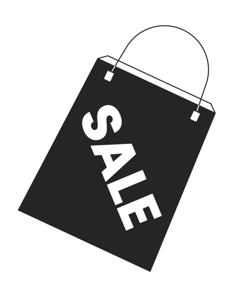 Sales boutique bag black and white 2D line cartoon price tag. Shopping center purchases isolated vector outline sticker sale holiday. Monochromatic flat spot illustration, retail promotion label