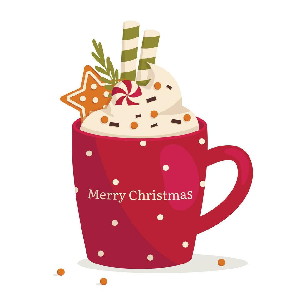 Navidad jarra con caliente beber. azotado crema, chocolate papas fritas, pan de jengibre galletas, oblea rollos, caramelo. inscripción alegre Navidad. vector gráfico.