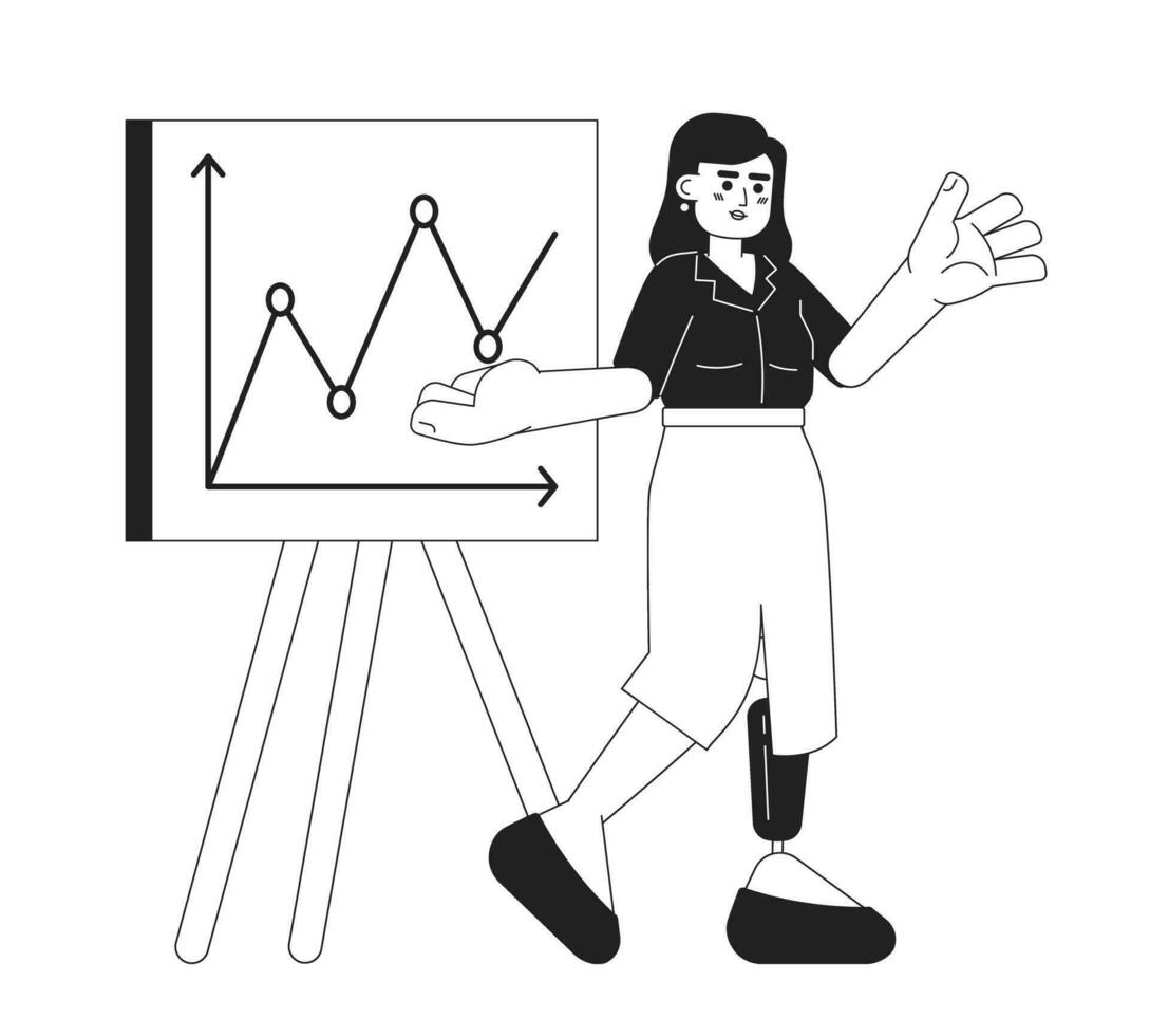 prótesis pierna mujer con presentación pizarron negro y blanco 2d dibujos animados personaje. discapacitado hembra oficina trabajador demostración gráfico aislado vector contorno persona. monocromo plano Mancha ilustración