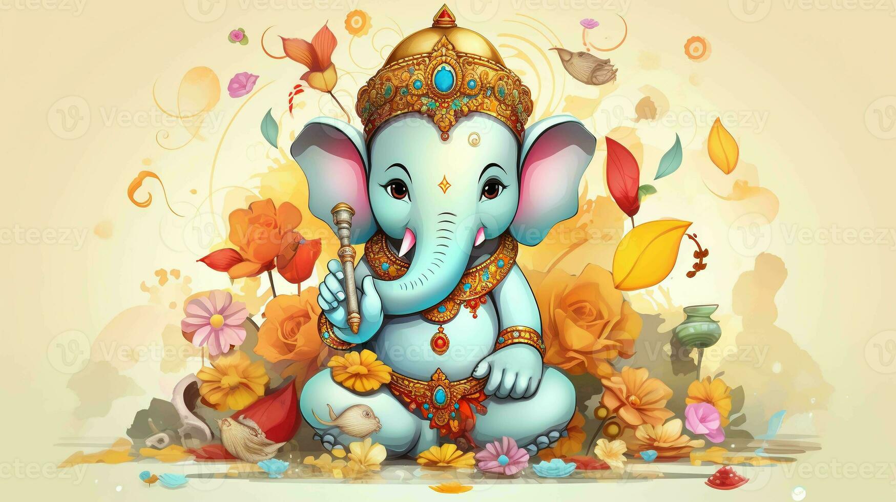 Cute Cartoon Lord Ganesha. Adorned with Charming Ornaments and Exuding Divine Cuteness photo