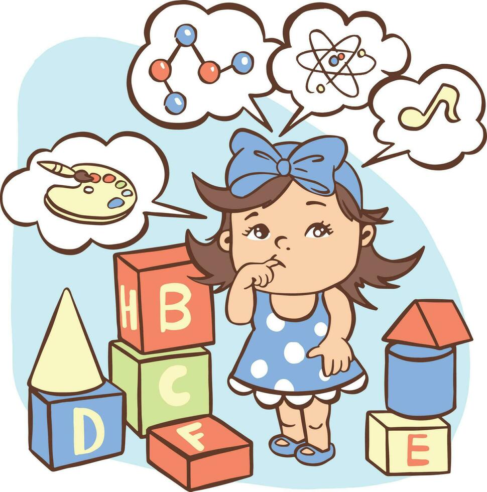 Little girl does not know which orientation to choose, hobby, pu vector