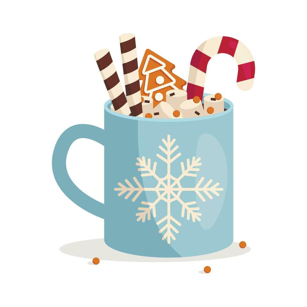 Christmas mug with hot drink. Marshmallow, chocolate chips, gingerbread, wafer rolls, lollipop. Vector graphic.Web