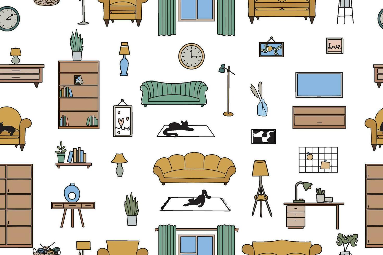 Seamless pattern of furniture, lamps, interior items. Modern vector illustration for banner, web page, print media.