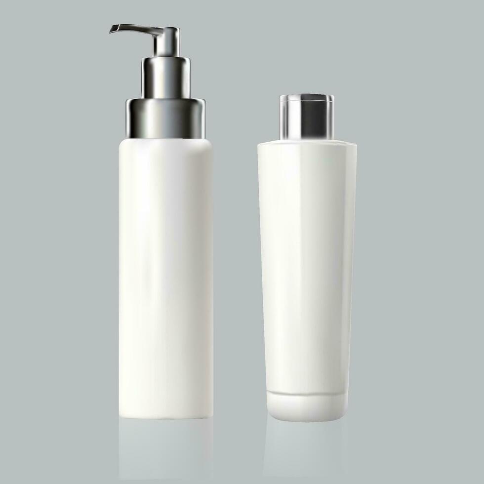 Pump cosmetic bottle, white package container. 3d shampoo dispenser mock up. Body cream or shower soap empty realistic jar. Airless beauty product clean pack design template. Foam gel tube lid. vector