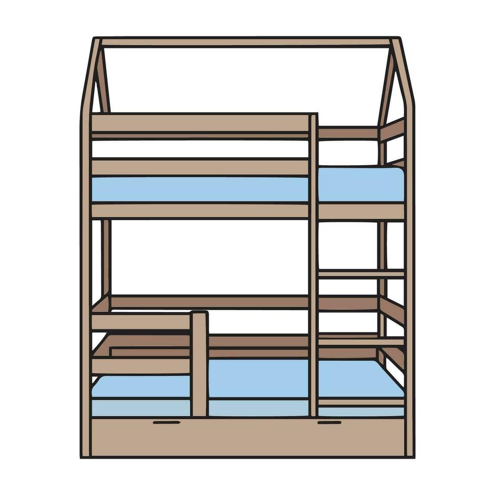 Children's bunk bed. Furniture for a children's room. Isolate on a white background. Hand drawn vector illustration of a sketch style. Vector
