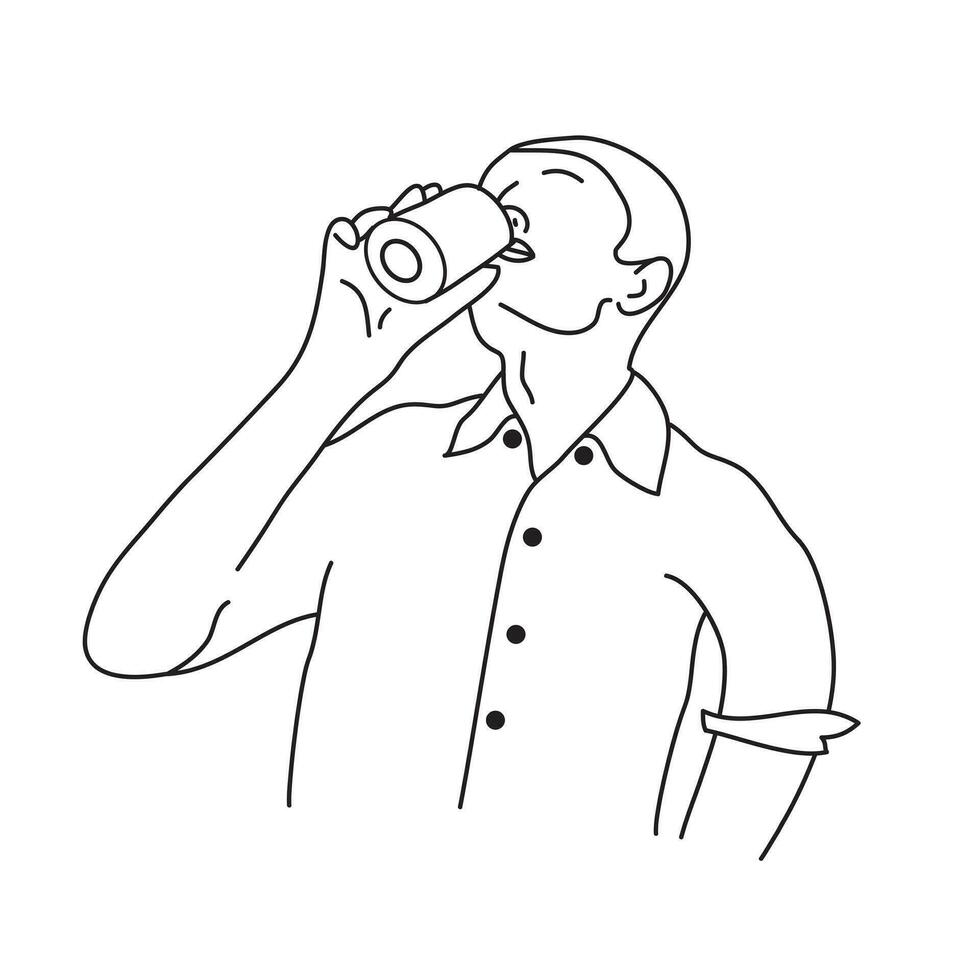 Man drinking. Drawing outline on white background. vector