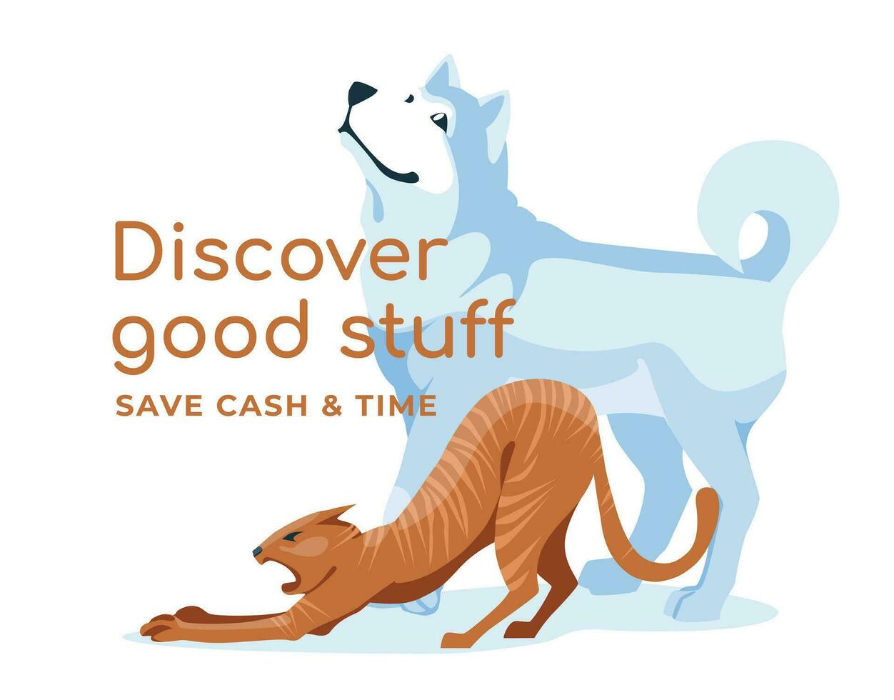 Husky and ginger cat sitting together isolated on white background. Advertising for breeders, pet stores, zoo clinics, zoo groomers. Vector flat illustration