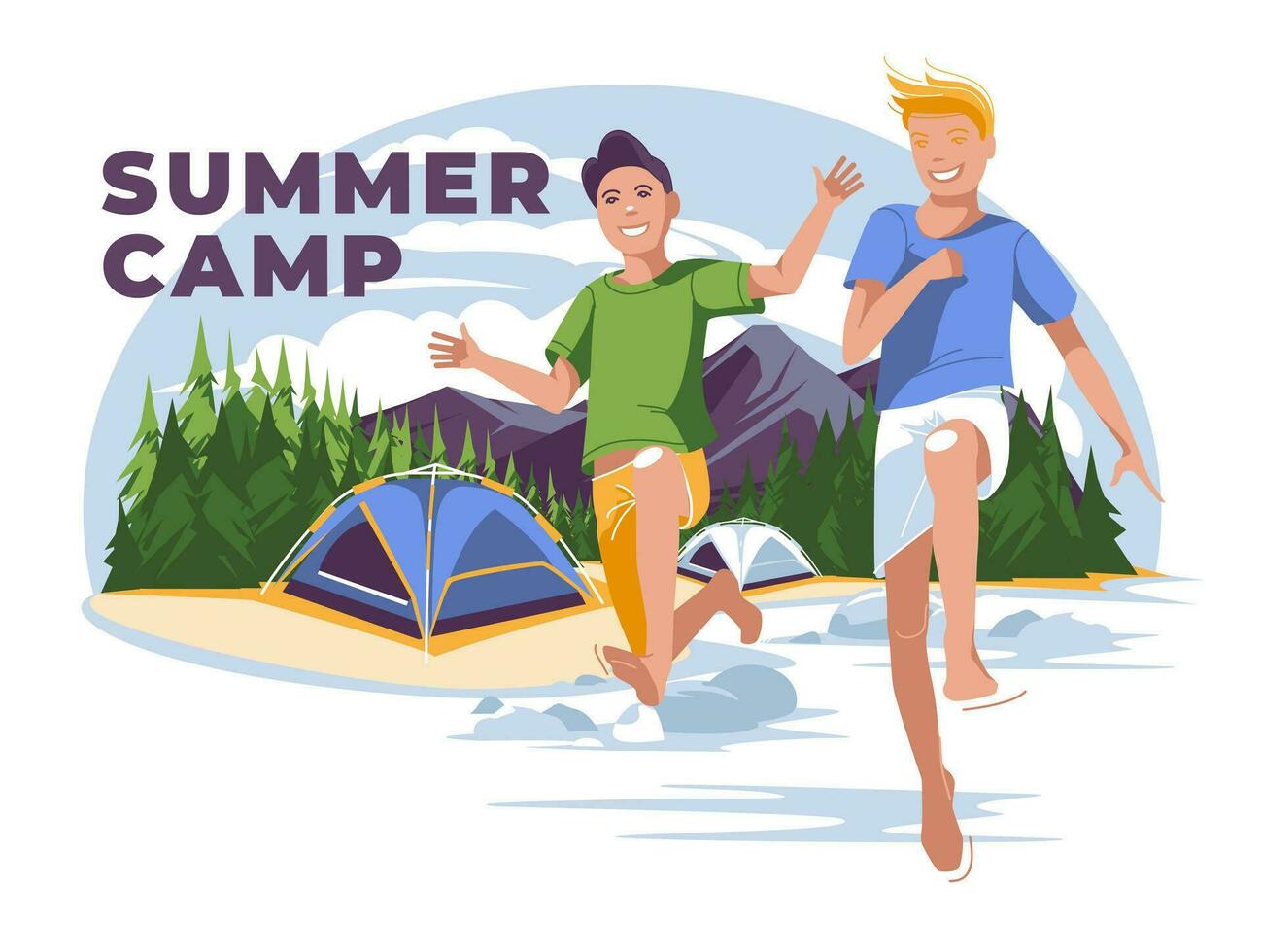 Two boys jump into a mountain lake against the backdrop of a tent forest camp. Children's summer camp banner. Flat vector illustration