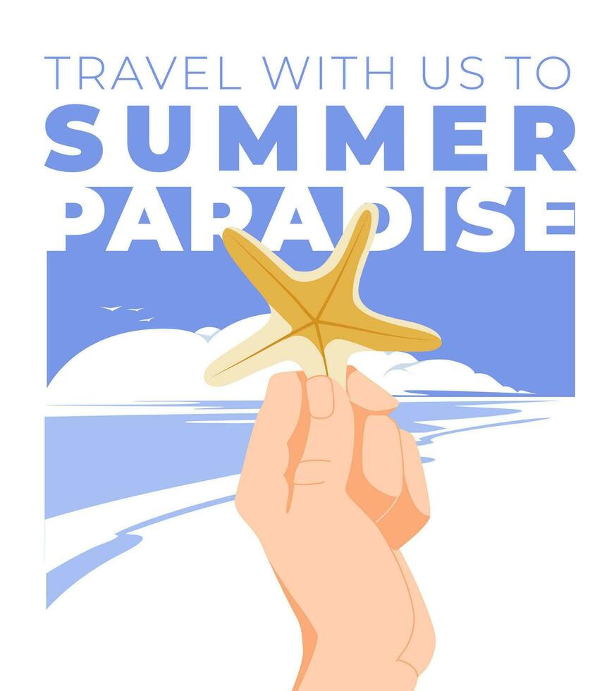 Man's hand with a starfish on a background of tropical coast. Banner advertising of the tourist season. Flat vector illustration.