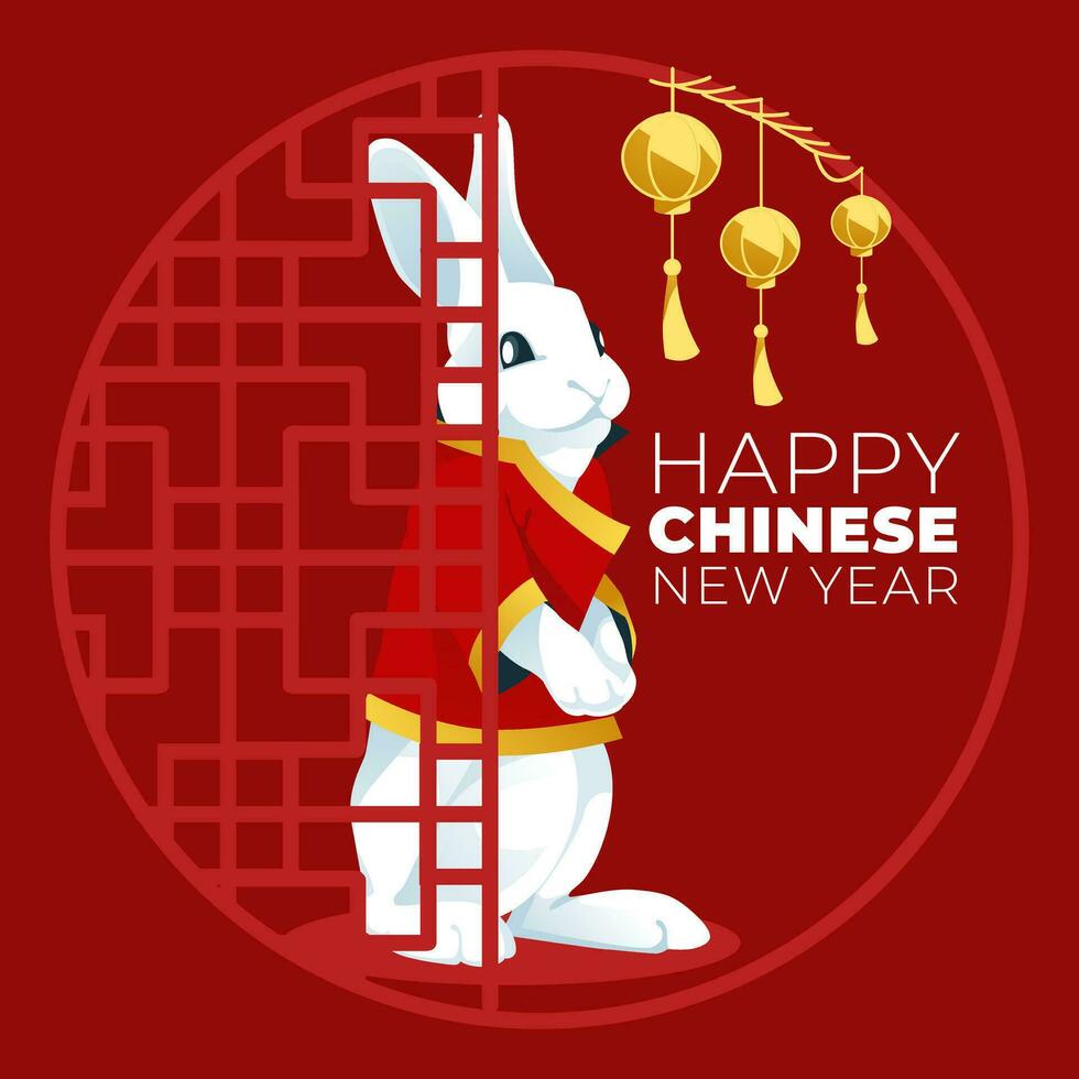 chinese new year card with rabbit. With traditional lanterns and geometric ornament on a red background. Vector flat illustration