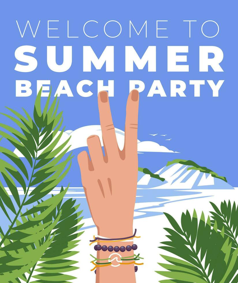 Human hand with victory gesture bracelets on summer tropical beach background, beach party advertising banner. Flat vector illustration