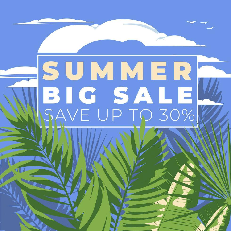 Summer sale banner with tropical leaves and text on blue background. Flat vector illustration