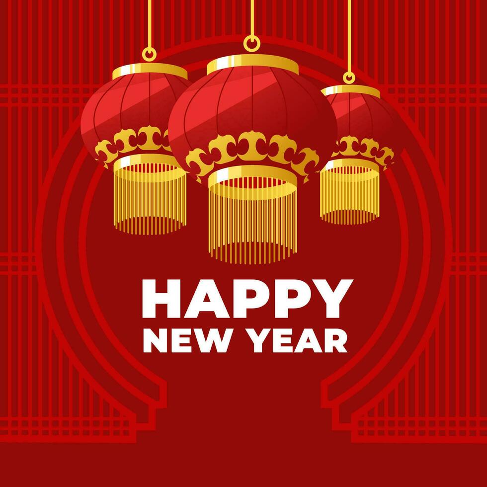 Chinese greeting card with traditional lanterns on a red geometric background. Vector flat illustration