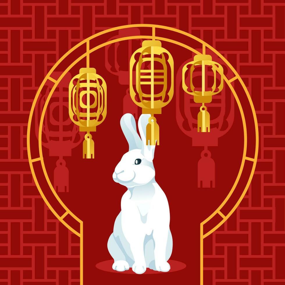 chinese new year card with rabbit. With traditional lanterns and geometric ornament on a red background. Vector flat illustration