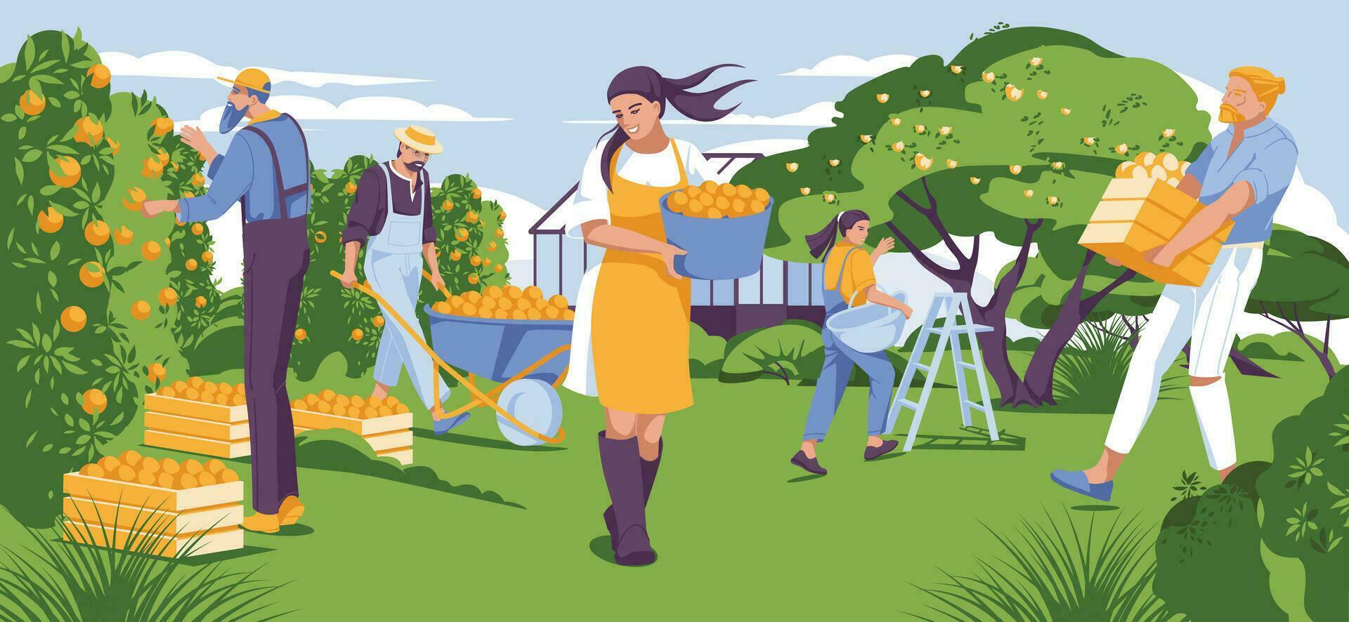 green landscape with people harvesting together. Happy farming and agriculture. Greenhouse and trees. Vector flat illustration