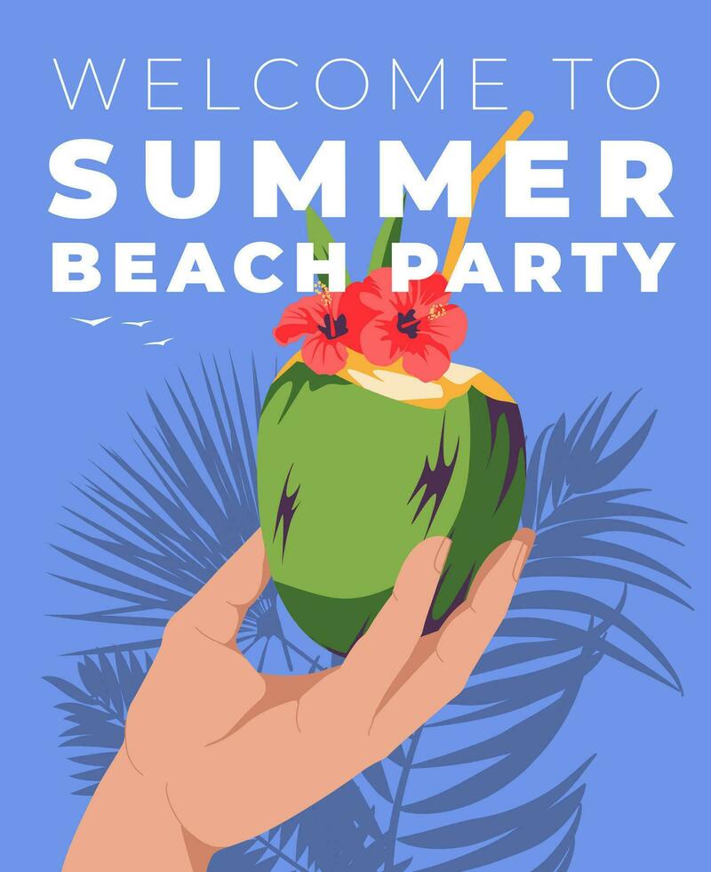 Coconut tropical cocktail in human hand on the background of the coastal horizon. Summer tropical paradise tourism banner. Flat vector illustration