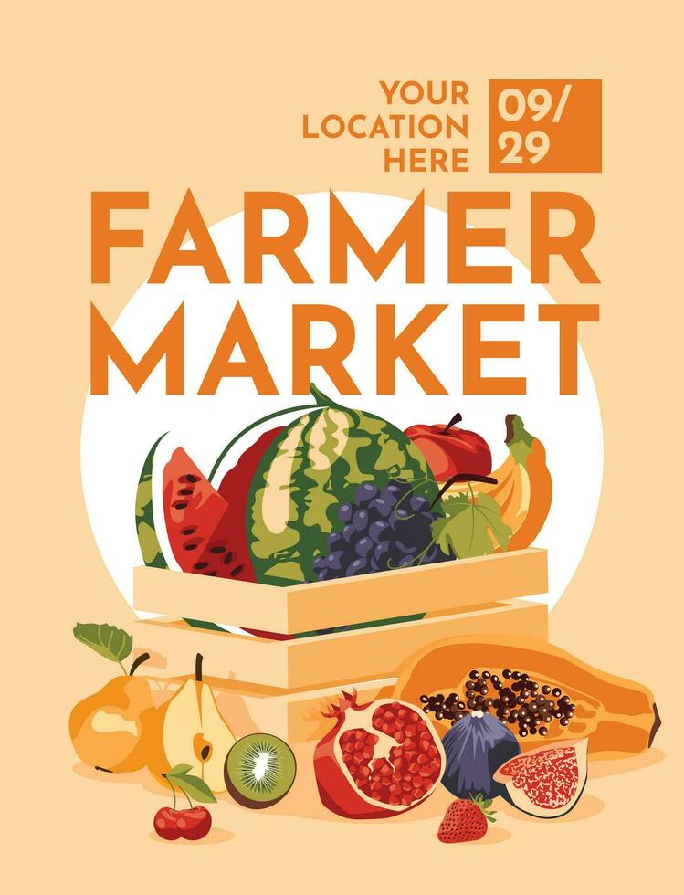 A set of fresh fruits in a wooden box. Agriculture, farmers market, local produce, shopping and harvesting, text poster. Vector flat illustration