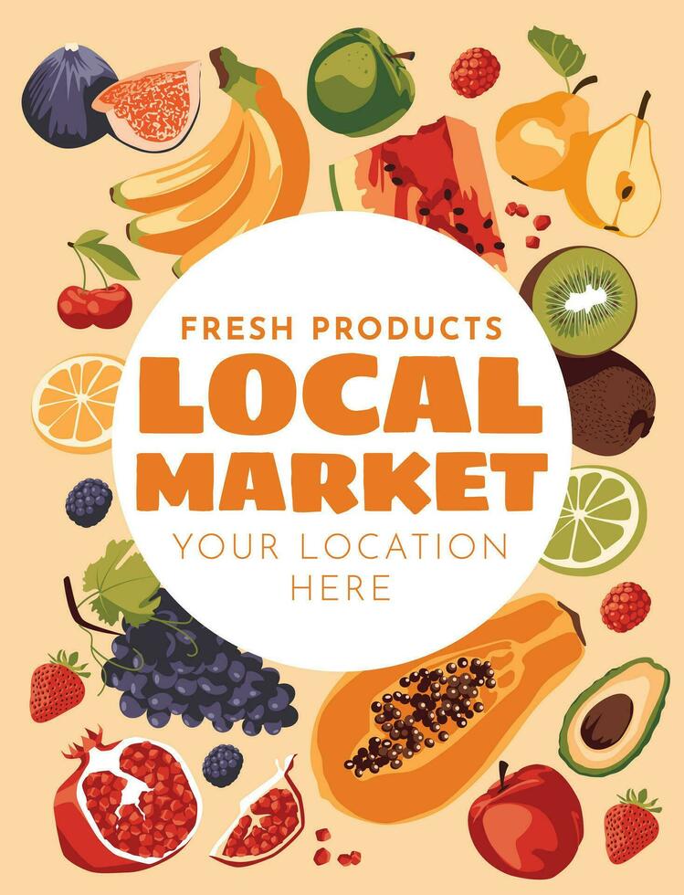 Set of fresh fruits. Agriculture, farmers market, local produce, shopping and harvesting, text poster. Vector flat illustration