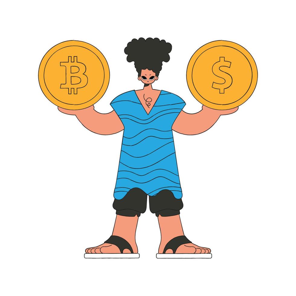 The guy is holding bitcoin and dollar. Rentro style character. vector