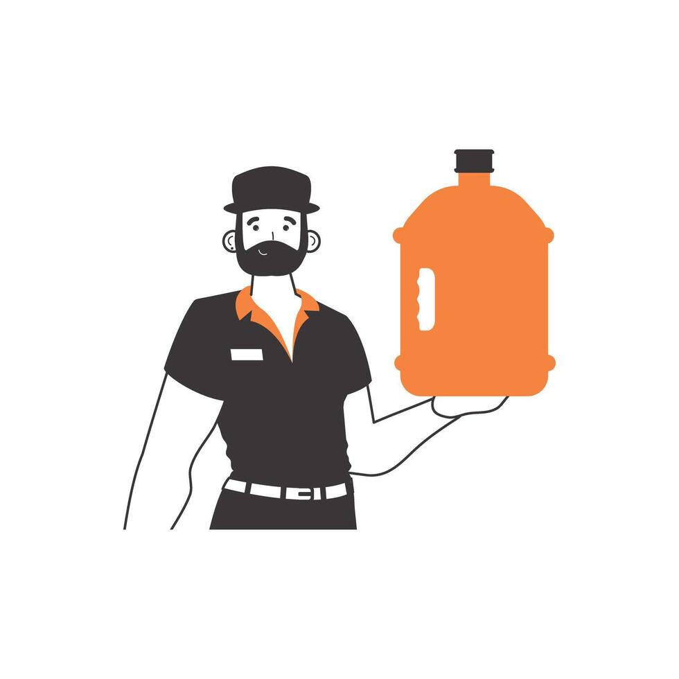 Water delivery concept. Loader with a large bottle of water in his hands. Linear modern style. vector