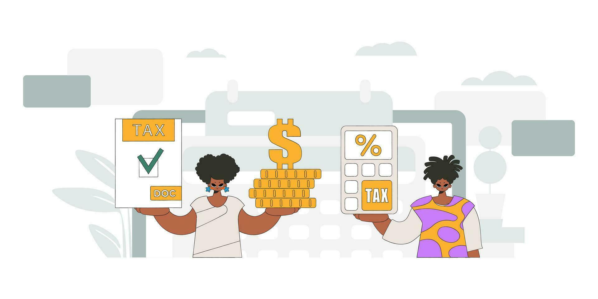 Graceful guy and girl demonstrate paying taxes. An illustration demonstrating the correct payment of taxes. vector