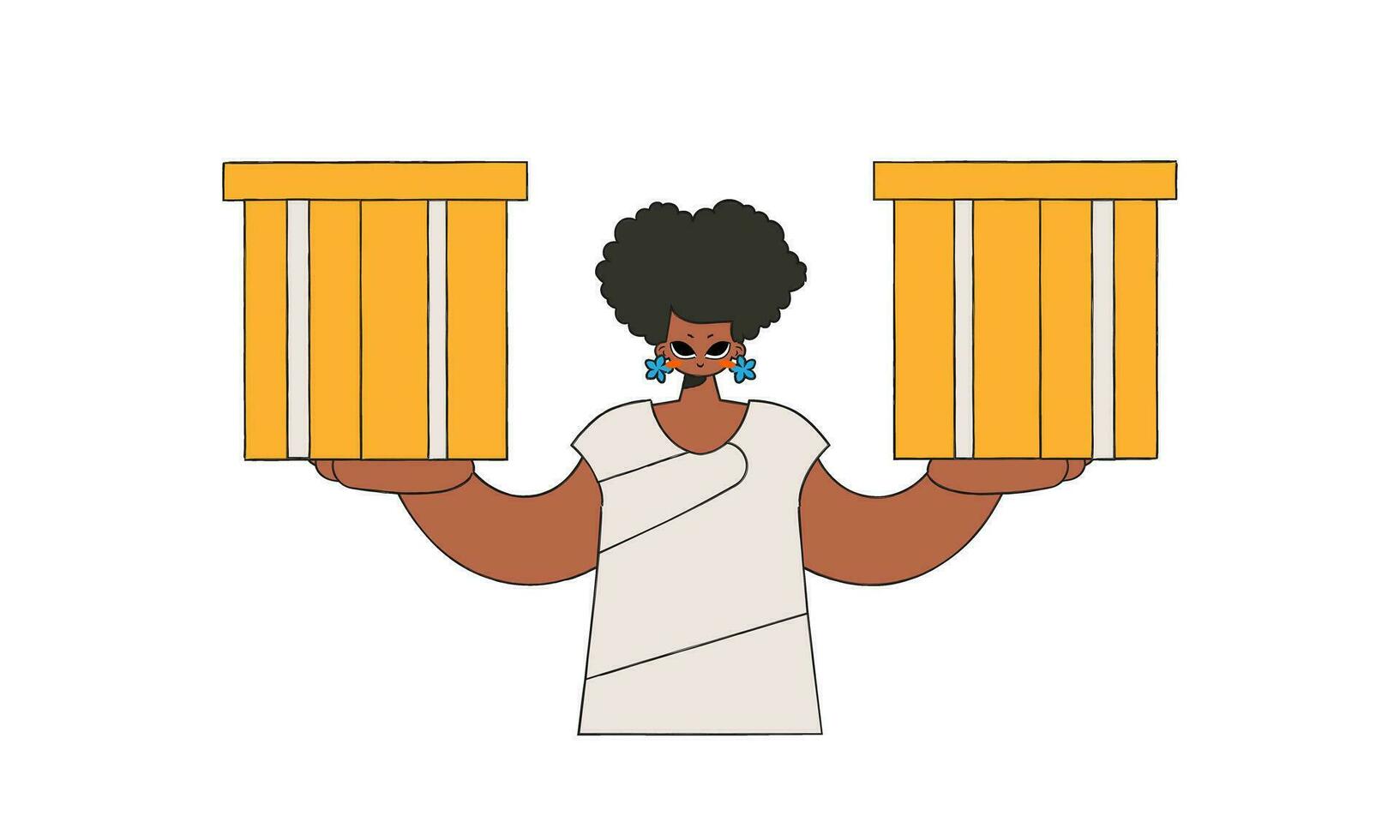 Charming girl holds boxes in her hands. Parcel and cargo transportation. vector