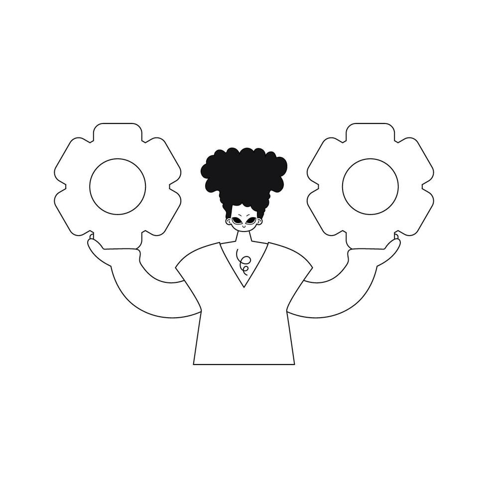 He clutches cogs in his palms. Line artwork. illustration. vector