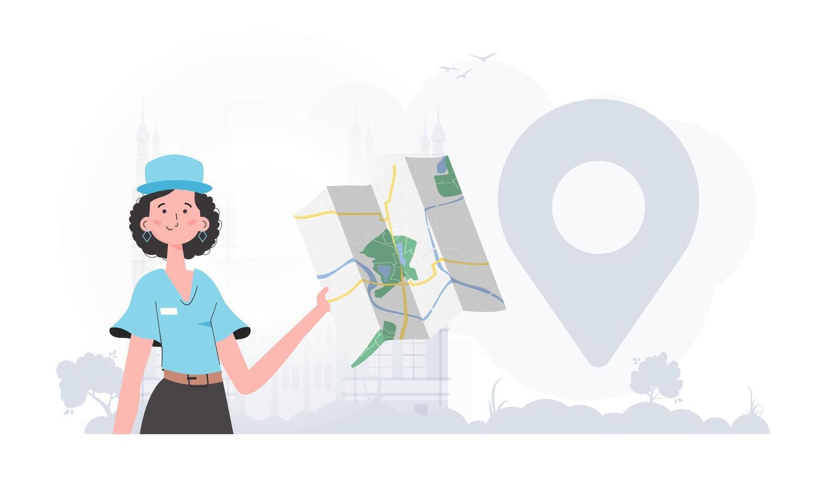 Delivery concept. The girl is holding a map. The character is depicted to the waist. Vector illustration.