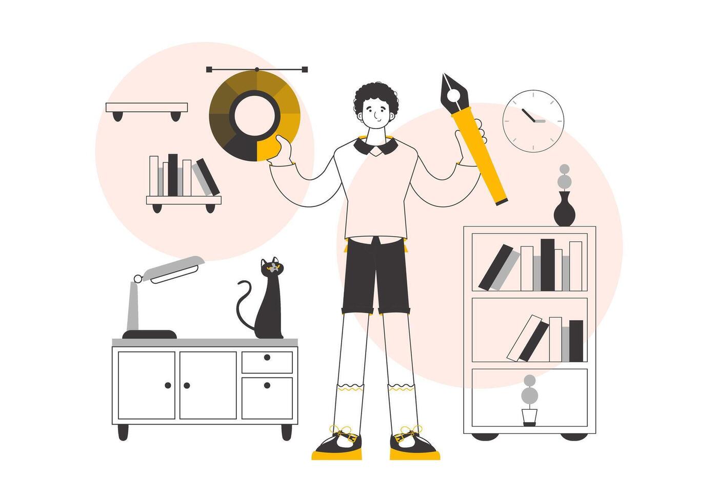 The designer guy holds a color wheel in his hands. Linear trendy style. illustration. vector